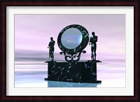 Statues stand near a dimensional portal to another universe Fine Art Print