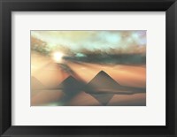 Sunrays shine down on three pyramids along the Nile River on the Giza Plateau Fine Art Print