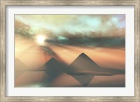 Sunrays shine down on three pyramids along the Nile River on the Giza Plateau Fine Art Print