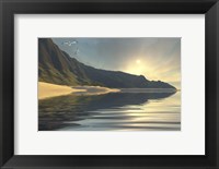 The sun sets on a beautiful mountainside and shoreline Fine Art Print