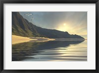The sun sets on a beautiful mountainside and shoreline Fine Art Print