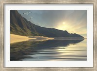 The sun sets on a beautiful mountainside and shoreline Fine Art Print