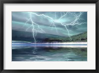 Thunderclouds and lightning move over the mountains and a nearby lake Fine Art Print