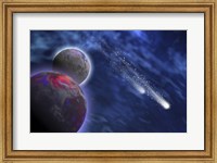 Two comets stream past a planet and its moon Fine Art Print