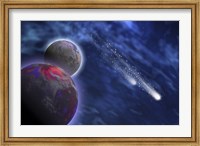 Two comets stream past a planet and its moon Fine Art Print