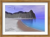Two seagulls fly over a beautiful ocean seashore Fine Art Print