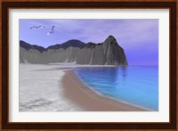 Two seagulls fly over a beautiful ocean seashore Fine Art Print