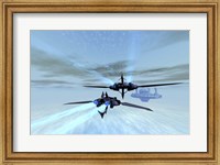 Two spacecraft fly back to their space station out in the cosmos Fine Art Print