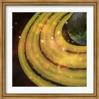 A golden ring system encircles this planet out in the galaxy Fine Art Print