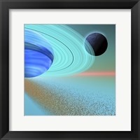 An asteroid field orbits near a planet and moon in the cosmos Fine Art Print