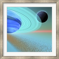 An asteroid field orbits near a planet and moon in the cosmos Fine Art Print