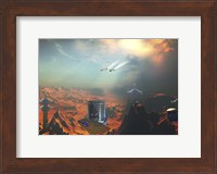 Two aircraft fly over an enemy base of operations Fine Art Print