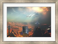 Two aircraft fly over an enemy base of operations Fine Art Print