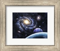 A view to a nearby galaxy from a gas giant and it's system of moons Fine Art Print