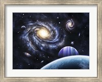 A view to a nearby galaxy from a gas giant and it's system of moons Fine Art Print