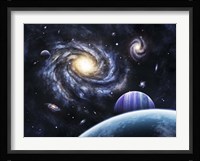A view to a nearby galaxy from a gas giant and it's system of moons Fine Art Print