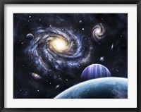 A view to a nearby galaxy from a gas giant and it's system of moons Fine Art Print