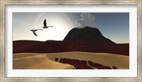 Two swans fly over cooling lava flows from a recently active volcano Fine Art Print
