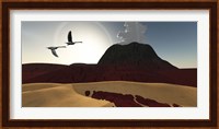 Two swans fly over cooling lava flows from a recently active volcano Fine Art Print
