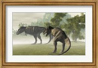 Two Tyrannosaurus Rex rest in the early morning light before the days hunt Fine Art Print