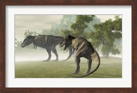 Two Tyrannosaurus Rex rest in the early morning light before the days hunt Fine Art Print
