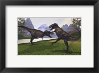 Two Tyrannosaurus Rex dinosaurs fight for the right of a territory Fine Art Print