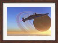 A spaceship blasts itself into orbit after exploring one of Saturn's moons called Titan Fine Art Print