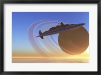 A spaceship blasts itself into orbit after exploring one of Saturn's moons called Titan Fine Art Print