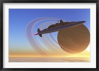 A spaceship blasts itself into orbit after exploring one of Saturn's moons called Titan Fine Art Print