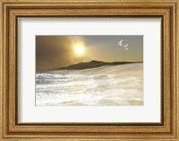 Two white doves fly over waves coming to shore on a remote beach Fine Art Print