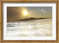 Two white doves fly over waves coming to shore on a remote beach Fine Art Print
