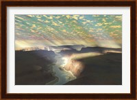 Sunrays shine down on mist over a canyon river in a desert wilderness Fine Art Print