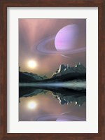 The planet Saturn lights up the sky of one of its moons called Titan Fine Art Print