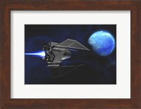 A small spacecraft from Earth reaches a water planet after many light years Fine Art Print