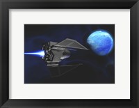 A small spacecraft from Earth reaches a water planet after many light years Fine Art Print