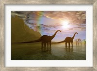 Two Diplodocus dinosaurs wade through shallow water to eat some vegetation Fine Art Print