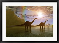 Two Diplodocus dinosaurs wade through shallow water to eat some vegetation Fine Art Print