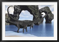 Diplodocus dinosaurs wade through shallow waters of a beautiful seashore Fine Art Print