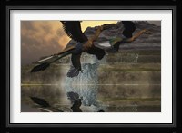 Two Microraptor dinosaurs fly near mountain waterfalls in prehistoric times Fine Art Print