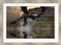 Two Microraptor dinosaurs fly near mountain waterfalls in prehistoric times Fine Art Print