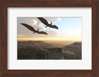 Two Pterodactyl flying dinosaurs soar above a beautiful canyon Fine Art Print