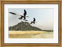Two Microraptor dinosaurs fly over a wetland marsh in prehistoric times Fine Art Print