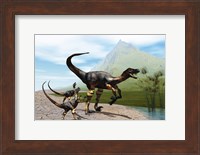 Velociraptor offspring beg mother dinosaur for food near a pond Fine Art Print