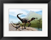 Velociraptor offspring beg mother dinosaur for food near a pond Fine Art Print