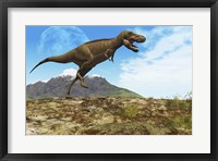 A Tyrannosaurus Rex dinosaur walks through his territory Fine Art Print