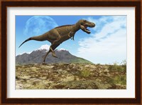A Tyrannosaurus Rex dinosaur walks through his territory Fine Art Print