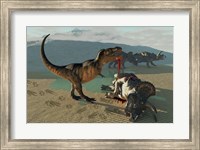 Tyrannosaurus Rex eats the flesh of a dead Triceratops Fine Art Print
