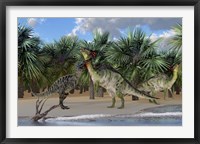 An Olorotitan mother is attacked by a Suchomimus dinosaur Fine Art Print