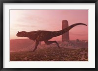 Carnotaurus running in the early morning light on desert terrain Fine Art Print