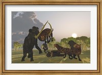 A pack of Saber Tooth Cats attack a small Woolly Mammoth Fine Art Print